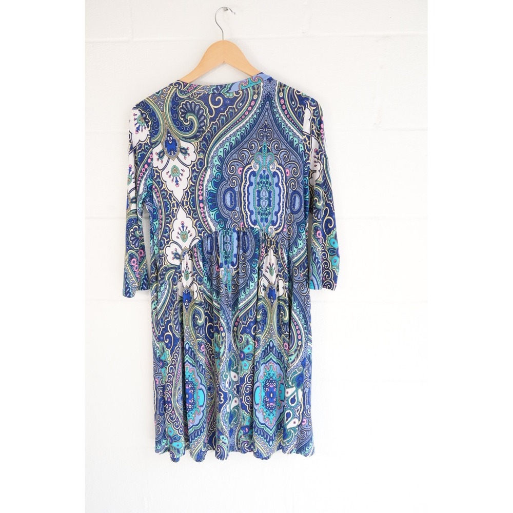 Honeyme Blue Paisley Empire Waist 3/4 Size Medium Mini Dress - Picture 4 of 6